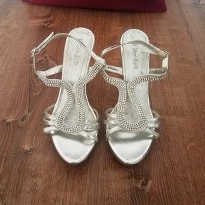 First Sight Silver Rhinestone Strappy Heels, 9